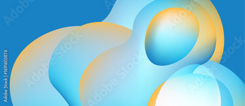 Abstract fluid shapes overlap, creating soft gradients. Blue, orange, white hues blend seamlessly. Minimalist design evokes calm feeling.