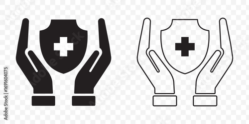 Medical insurance protection icon set. Healthcare safety icons, security shield with cross, and hand care symbol. Black and outlined vector illustration for hospital, health services.
