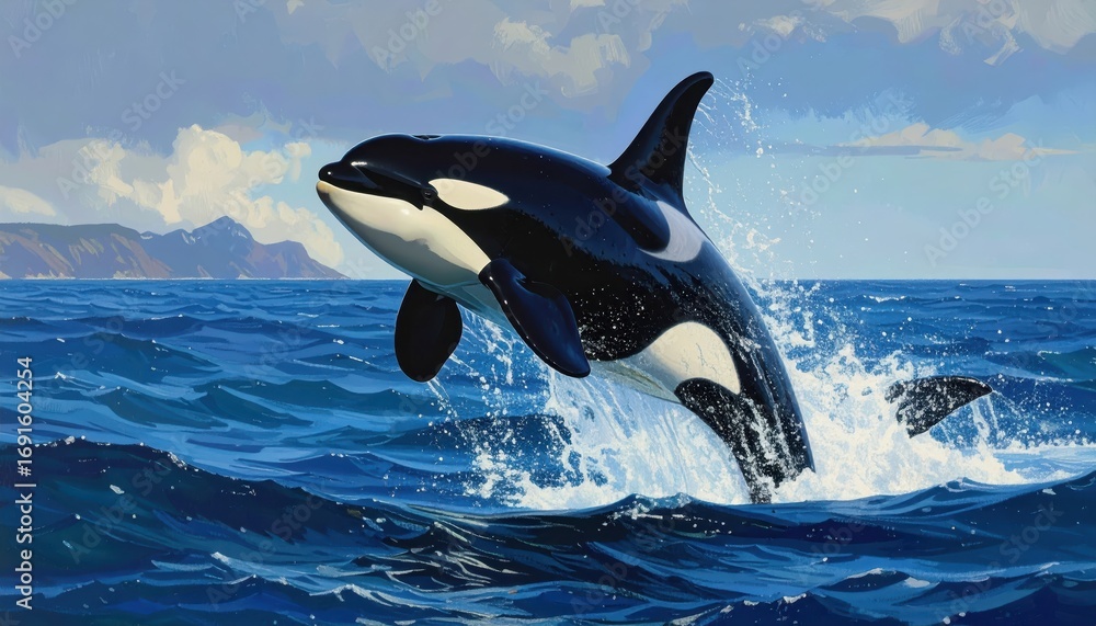 Obraz premium A magnificent orca breaches the ocean surface, showcasing its powerful form against a backdrop of azure waves and distant mountains.