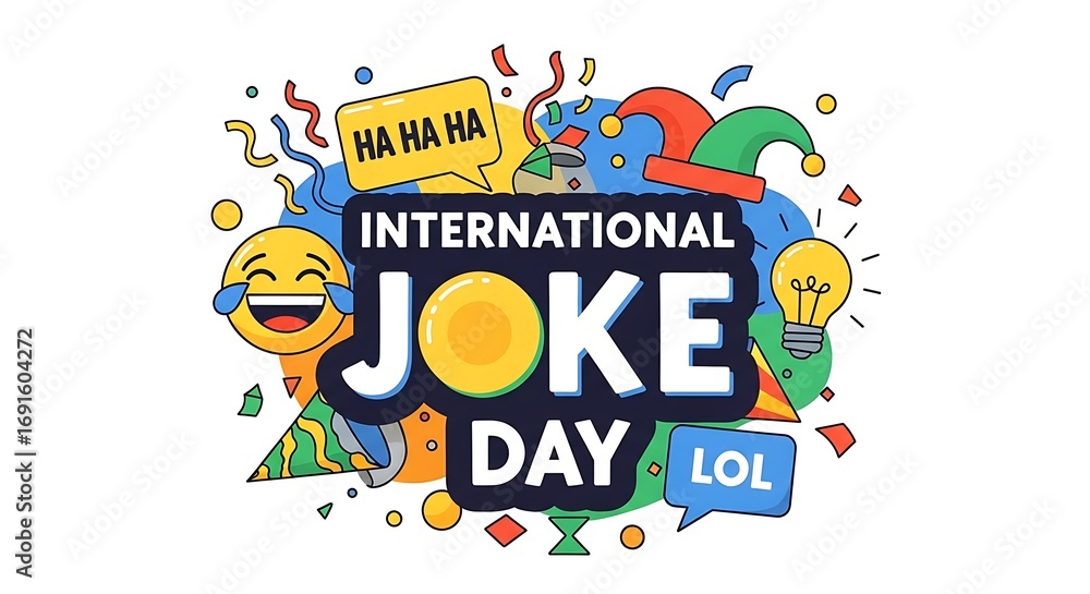 Fototapeta premium Vibrant graphic design celebrating International Joke Day, featuring diverse emoji and playful elements.