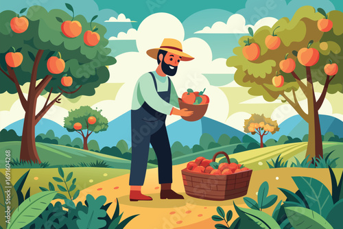 An idyllic orchard scene with a farmer gathering ripe apples surrounded by lush greenery and vibrant trees, evoking a sense of natural abundance and rural tranquility.