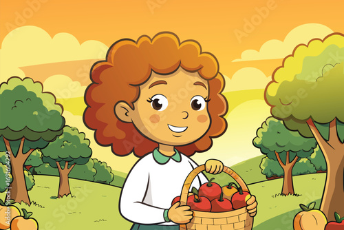 A joyful girl holds a basket of freshly picked apples in a beautiful orchard surrounded by lush, green trees under a warm, orange sunset sky.
