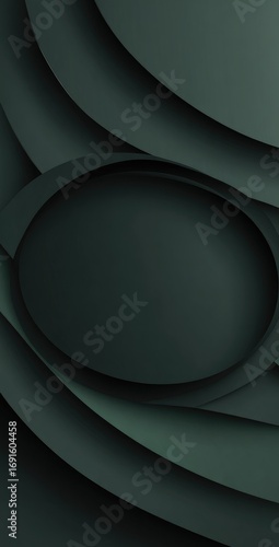 Abstract Dark green layered ovals create depth, casting shadows and forming a central ellipse. Soft, muted colors provide a soothing visual texture