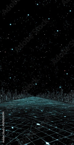 Distant city skyline fades into a starlit night sky, rendered in blue-green hues with a grid-like pattern suggesting digital creation