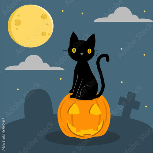 Halloween illustration of a black cat sitting on a pumpkin under the full moon. Spooky night scene with graveyard background.