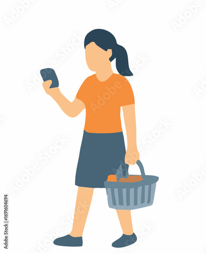 Woman shopping with a basket and phone in a minimal illustration
