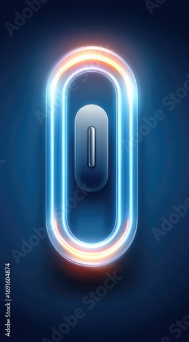 A gleaming, elongated 'O' shape radiates blue and orange light against a dark background. Metallic, layered details add depth to this striking design