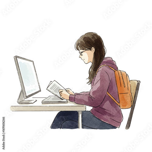 Focused student learning with book and computer for education or studying concepts digitally, Online learning 