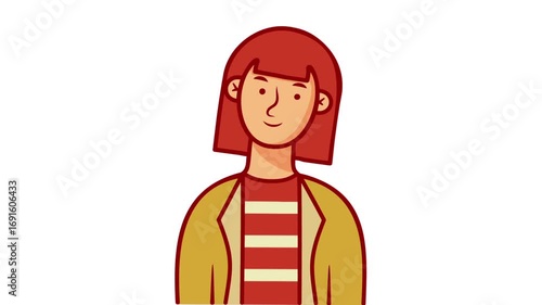 Animated avatar of a smiling girl wearing polka dot t shirt in flat style design on white background 
