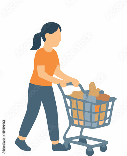 Woman Pushing Shopping Cart Full of Groceries Illustration