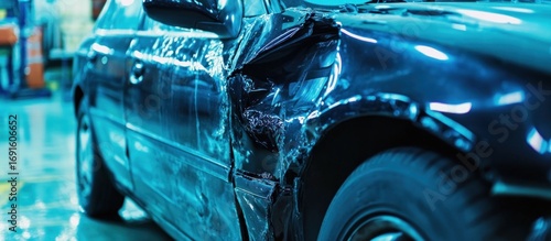 Close-up of a severely damaged car after a collision requiring repairs