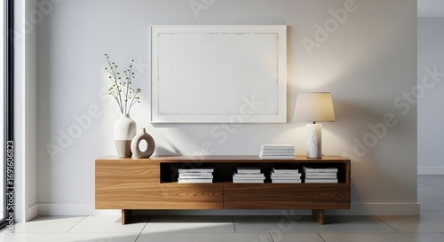 Modern minimalist interior vignette with warm wood console, decor, and empty frame