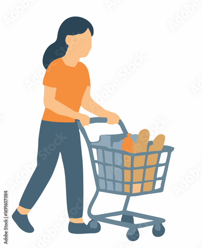 Woman pushing a shopping cart full of fresh groceries in a supermarket. Vector illustration concept for daily errands and consumerism