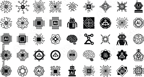 Collection of ai and technology related vector icons in black and white on a white background