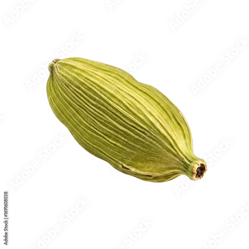 Wallpaper Mural Close Up of a Single Green Cardamom Pod on a Black Background, Detailed View of the Spice's Texture and Shape, Aromatic Culinary Herb, Studio Torontodigital.ca