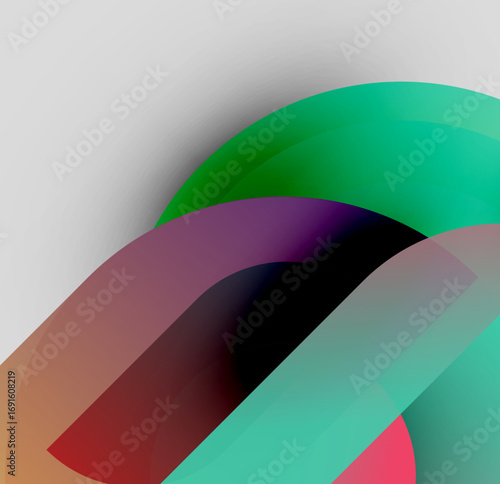 Abstract colorful shapes overlap, creating dynamic visual flow. Gradients blend smoothly, evoking modern aesthetic.