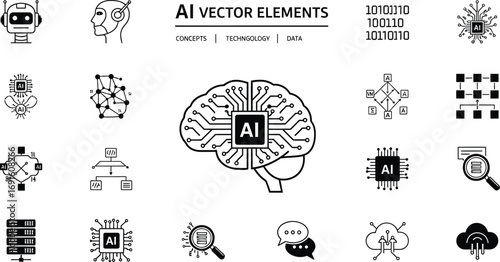Ai vector elements showcasing technology concepts data and artificial intelligence icons in black and white