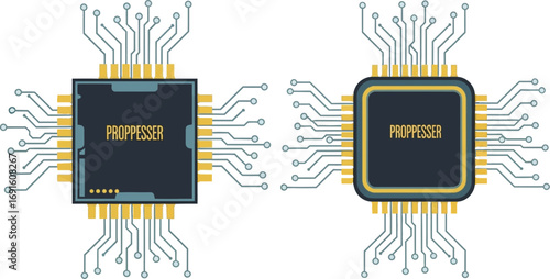 Two stylized computer chips labeled proppesser with connected circuits on a white background