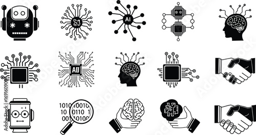 A collection of artificial intelligence and technology icons in black and white style design