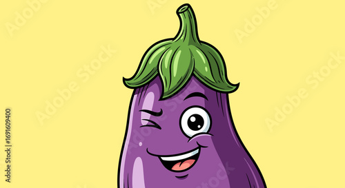 Cartoon Eggplant Character Winking Mischievously Vector Illustration