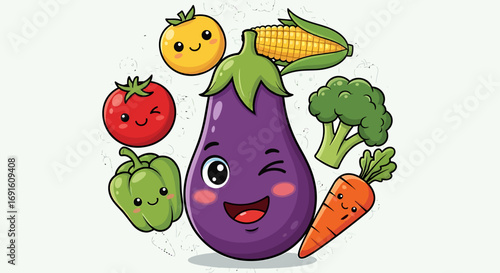 Cute Cartoon Vegetables Eggplant Tomato Corn Carrot Broccoli Bell Pepper Illustration