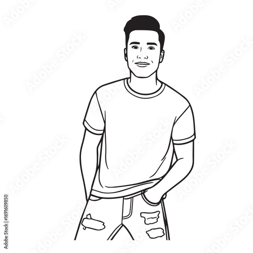 Handsome Man Black and White Illustration Vector Image Male Portrait Fashion Sketch Line Art Design	