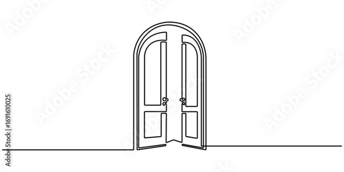 Continuous one line drawing of Opened door vector illustration. Single line art draw of open doors. Open door one line illustration. Editable outline.