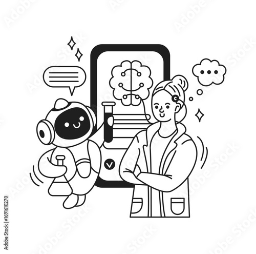 Illustration of a scientist and robot in a lab setting. Black and white cartoon style. Displays collaboration in AI development. Suitable for tech and science themes.