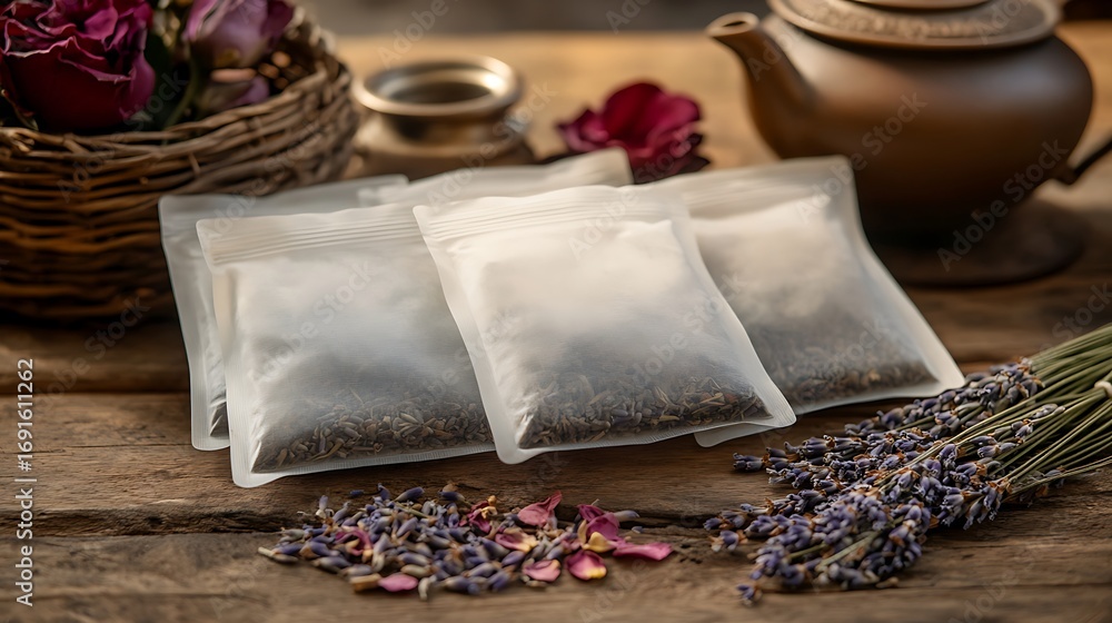 Fototapeta premium Flat lay of herbal tea bags, dried lavender, rose petals, and a teapot on a rustic wooden table