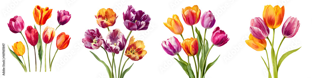 Fototapeta premium Tulip Flower Bouquets Watercolor Illustration
