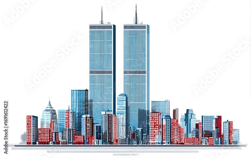Flat Design Twin Towers Skyline with American Flag Colors cityscape new york