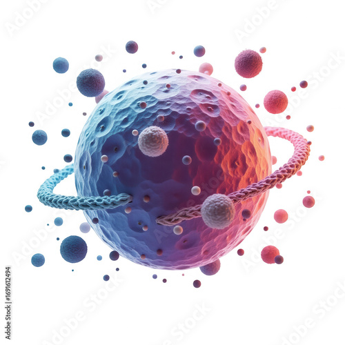 A vibrant 3d rendering showcasing a large, textured sphere with a ring-like structure orbiting around it, surrounded by smaller, diverse particles, in a gradient of purplish-blue and pinkish-red...