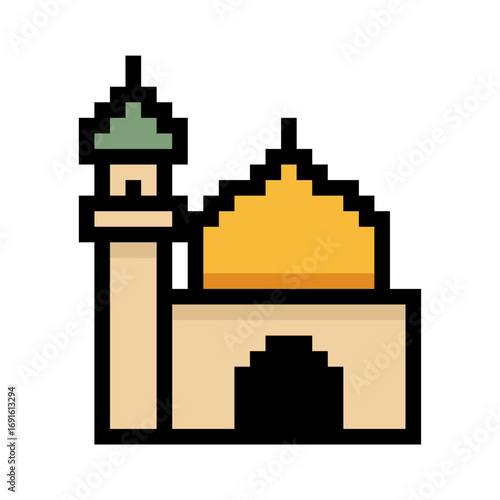 Mosque with dome and minaret in pixel art style