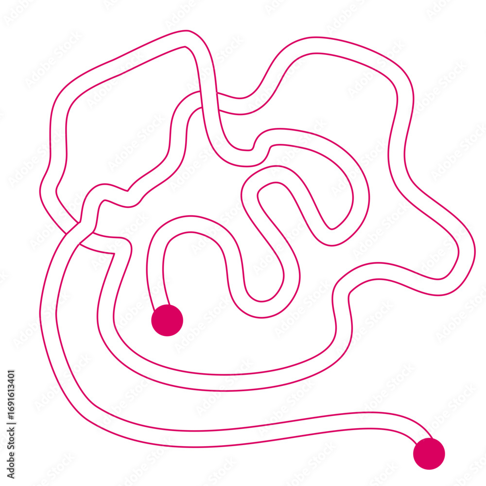 Fototapeta premium Maze Puzzle Abstract tangled line art with vibrant pink circuit path and two destination dots, perfect for innovation concepts.