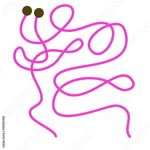 Abstract tangled pink line with two dark dots, modern design element, conceptual art, playful and complex.