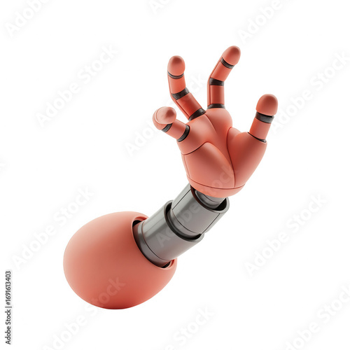 A digitally rendered robotic arm and hand, showcasing intricate design details against a black backdrop, exudes a futuristic and technological feel.