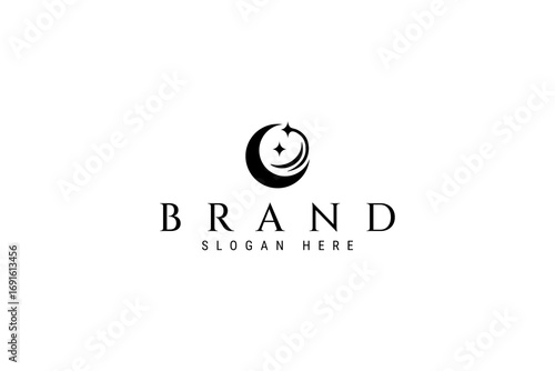 crescent moon silhouette logo with stars surrounding the moon in flat design style