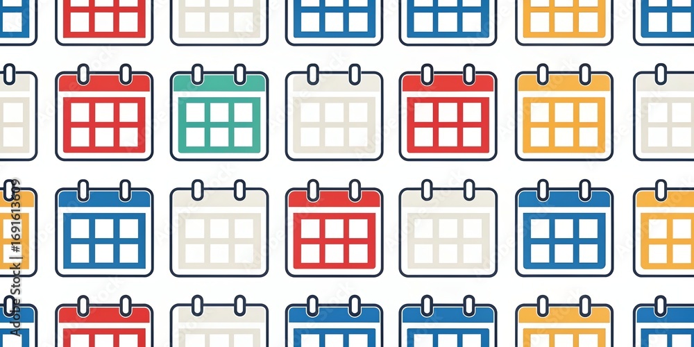 Fototapeta premium Seamless pattern of colorful desk calendars with rings representing time planning and scheduling