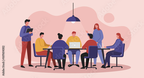 Diverse business team collaborating in an office meeting, discussing ideas and working together. Ideal for teamwork, innovation, and workplace productivity.