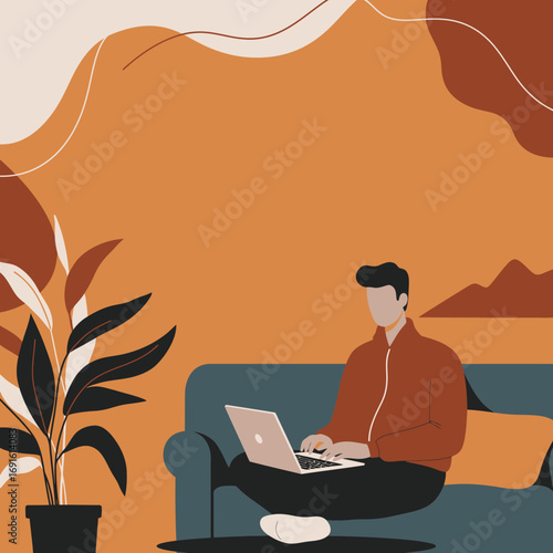 A man works remotely on a laptop while sitting comfortably on a couch at home, ideal for remote work, lifestyle, or freelance concepts.