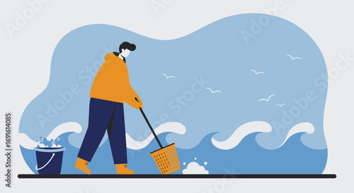 Person cleaning ocean or lake with net and bucket, promoting environmental conservation and ocean cleanup. Sustainable lifestyle concept.