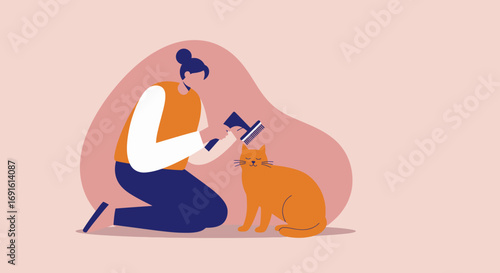 A caring owner gently brushes their happy orange cat, illustrating a moment of pet grooming and affection. Perfect for pet care, lifestyle, and animal welfare concepts.