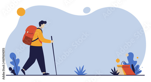 Adventurous person with backpack and walking stick explores a serene outdoor landscape. Ideal for travel, hiking, nature, and healthy lifestyle content.