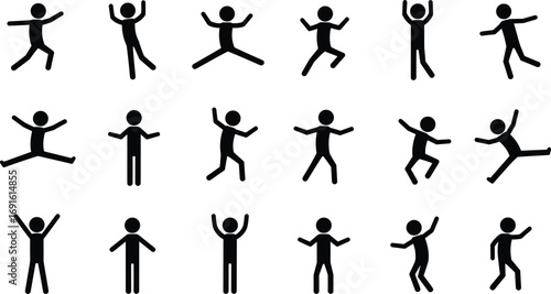 Black silhouette stick figures vector illustration, human body actions, people movement poses, exercise jumping running dancing design, fitness activity artwork, lifestyle body graphics