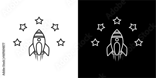 A stylized rocket ship launching amidst stars, depicted in two contrasting color schemes.