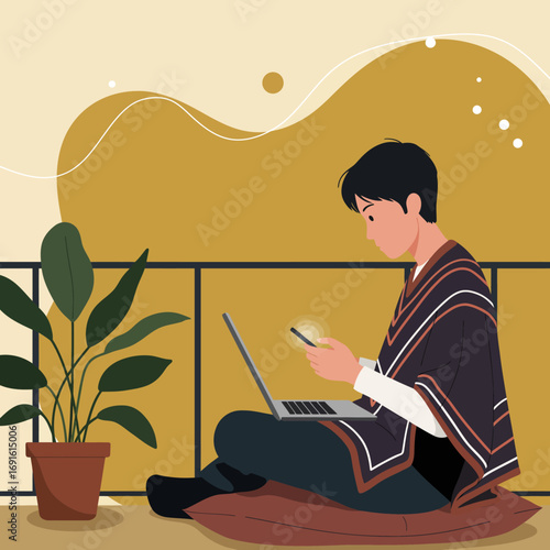 Person in a patterned poncho using laptop and smartphone on a balcony, illustrating remote work, casual digital lifestyle, and connectivity.