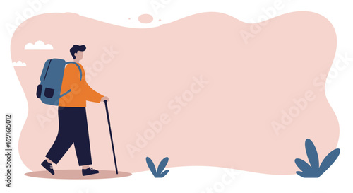 Man with a backpack and walking stick enjoying an outdoor adventure, symbolizing travel, exploration, and an active lifestyle.