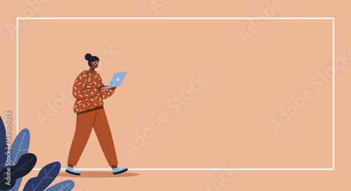 Illustration of a young woman walking and working on her laptop. Represents remote productivity, digital communication, and modern lifestyle concepts.