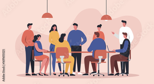 Diverse team of professionals collaborating in a modern office meeting, discussing business strategy and fostering teamwork. Ideal for themes of corporate growth, communication, and productivity.