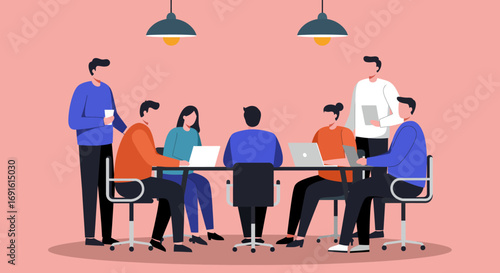 Group of diverse professionals collaborating in a modern office meeting. They are discussing business strategies, sharing ideas, and working together effectively.